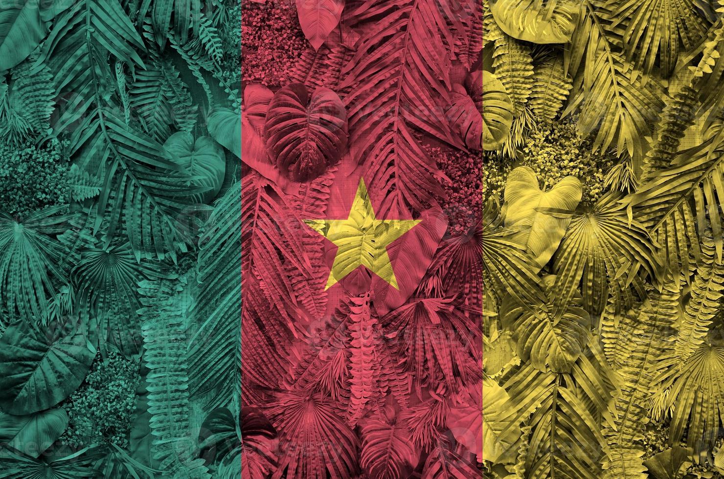 cameroon flagga avbildad på många leafs av monstera handflatan träd. trendig modern bakgrund foto