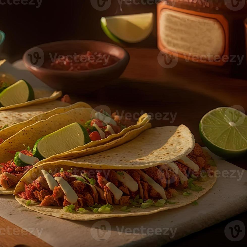 hög vinkel mexikansk tacos på trä- bakgrund foto