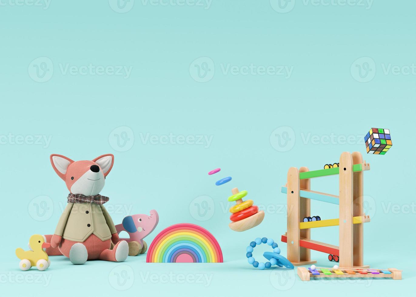 barns leksaker på blå bakgrund med kopia Plats. flerfärgad trä- och plysch leksaker för litet barn eller bebis. tömma Plats för din text, reklam, leksaker Lagra. 3d tolkning. foto