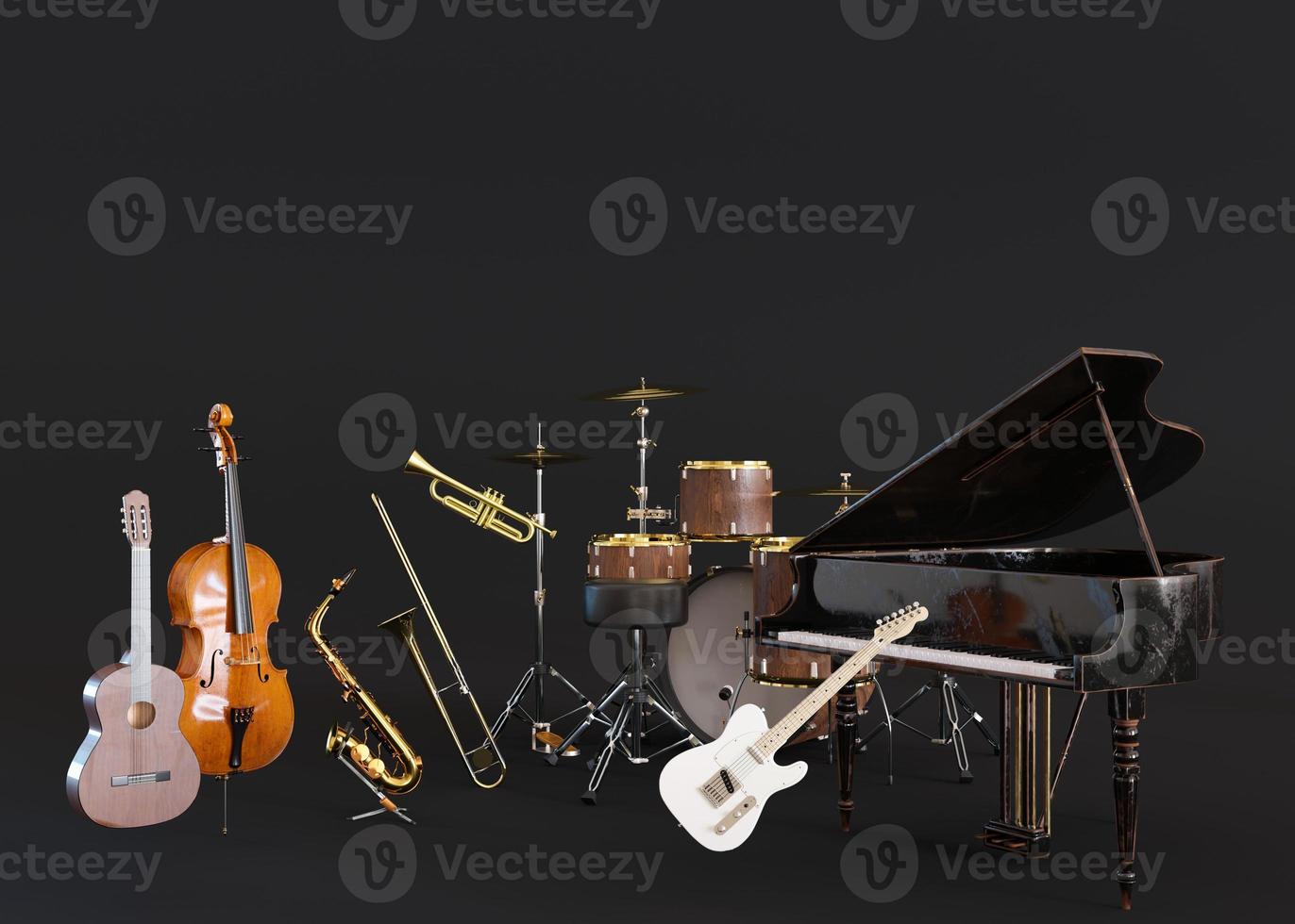 annorlunda musikalisk instrument på svart bakgrund. kopia Plats för text, reklam, logotyp. piano, gitarr, saxofon, trummor. musik skola begrepp. musikalisk utbildning. 3d tolkning. foto