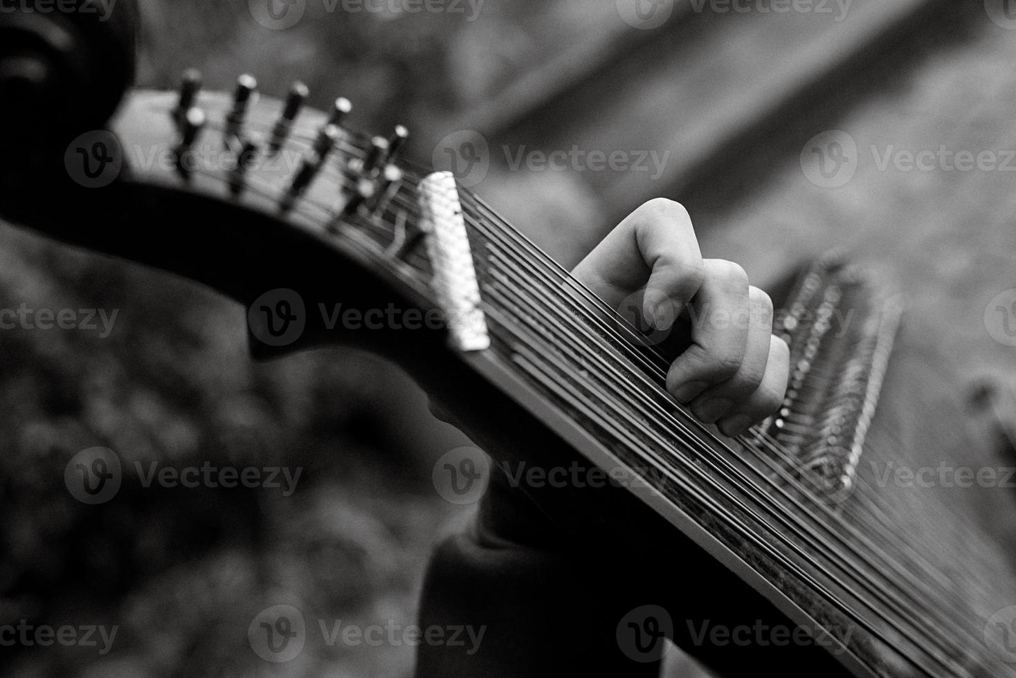 bandura spelare spelar på i de trädgård foto