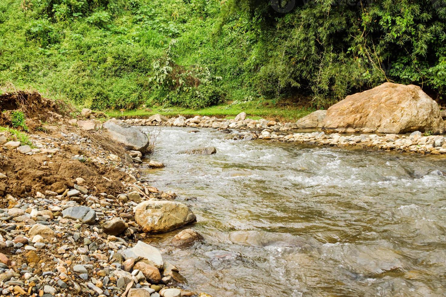 se på en berg flod med stenig banker i regnskog. chiang dao, thailand. foto