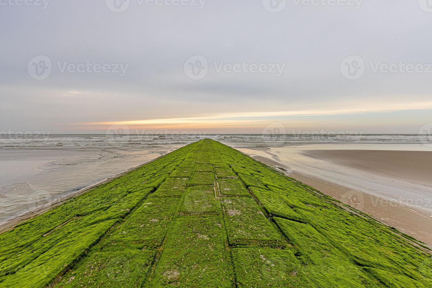 panorama- bild längs en vågbrytare på de norr hav strand middlekerke foto