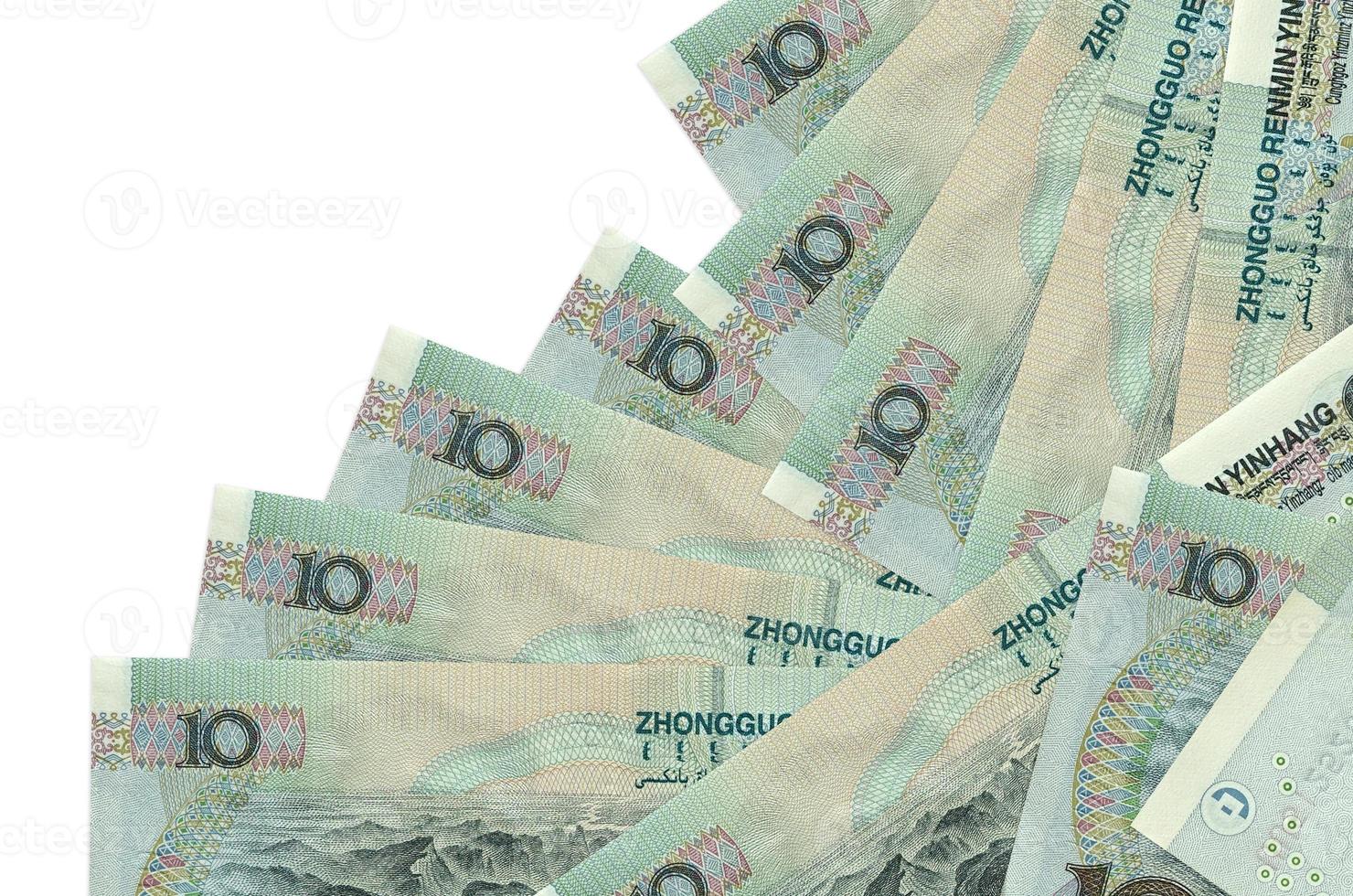 10 kinesisk yuan räkningar lögner i annorlunda beställa isolerat på vit. lokal- bank eller pengar framställning begrepp foto