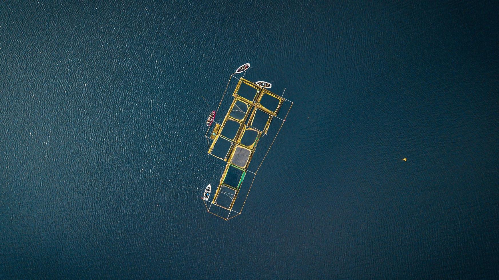 Flygfoto över båtar vid en brygga mitt i havet foto