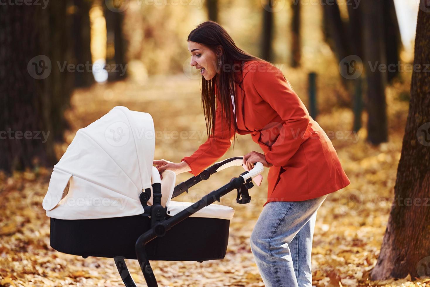 mor i röd täcka ha en promenad med henne unge i de pråm i de parkera på höst tid foto