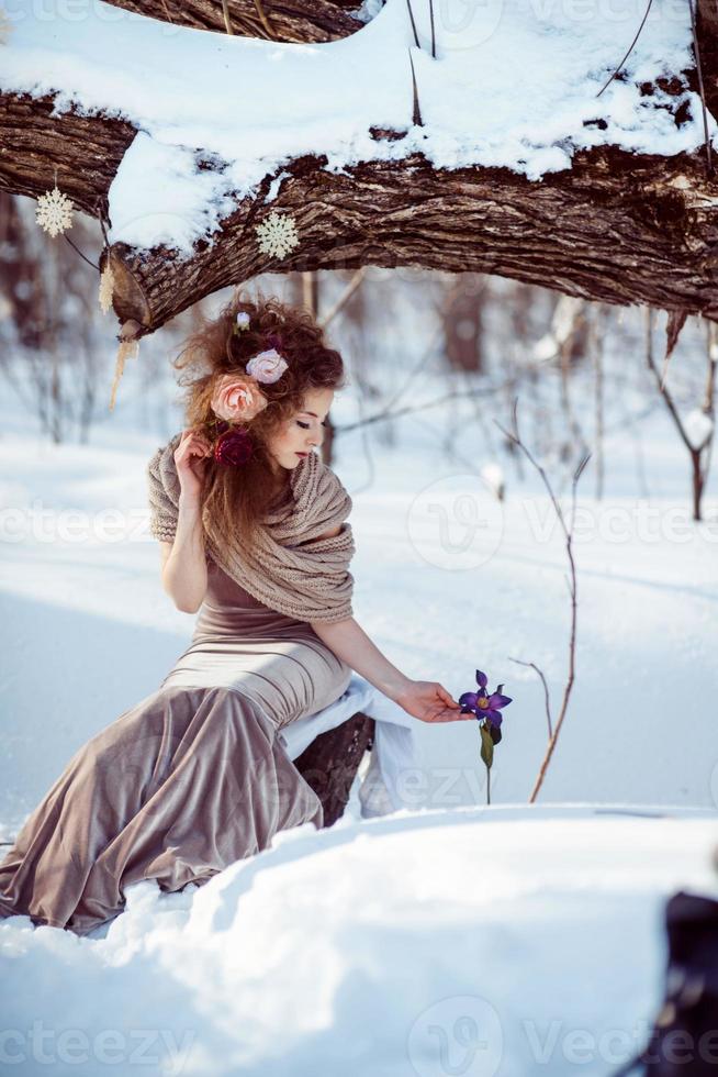 skön flicka i de vinter- skog foto