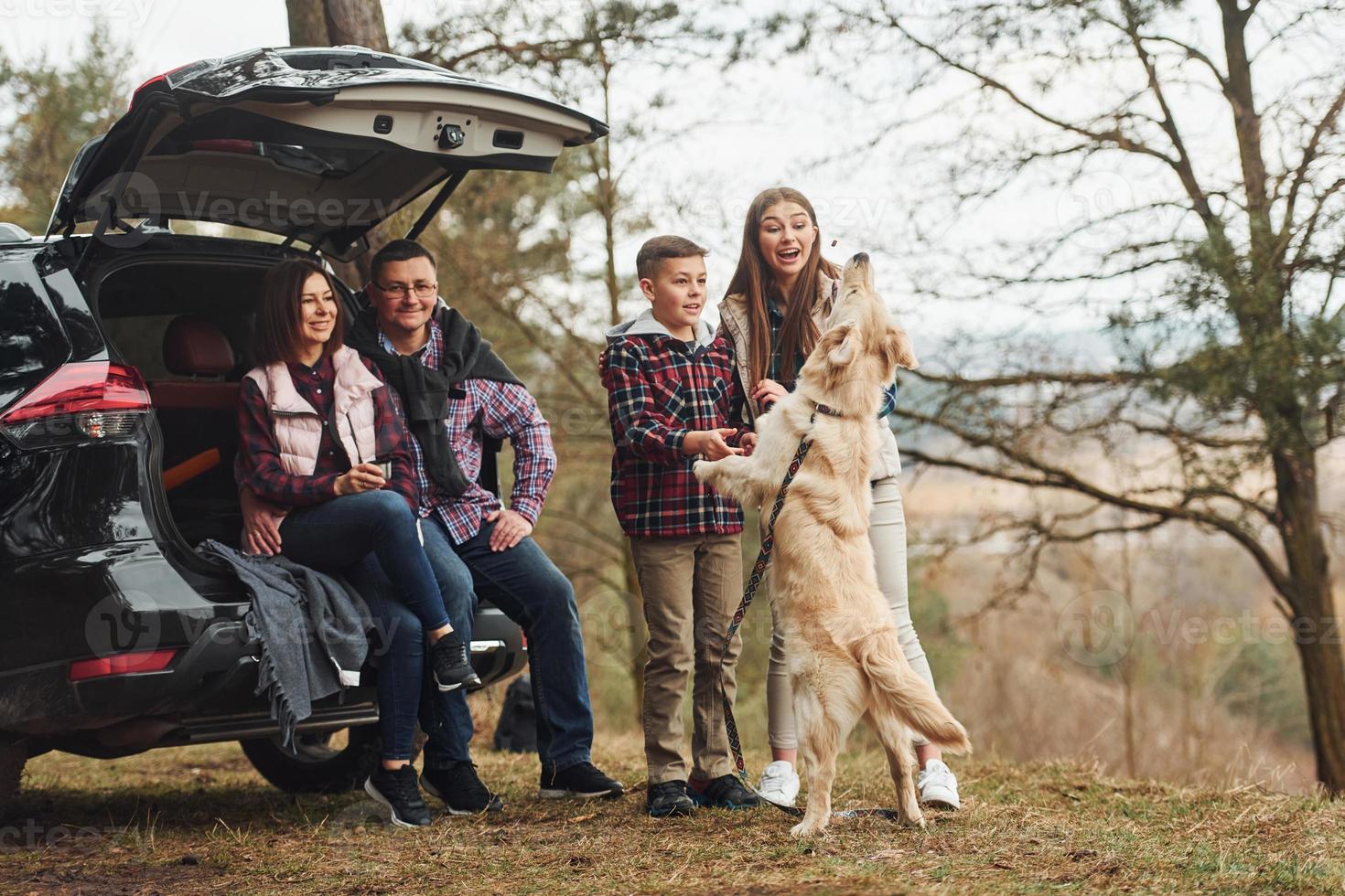 Lycklig familj ha roligt med deras hund nära modern bil utomhus i skog foto