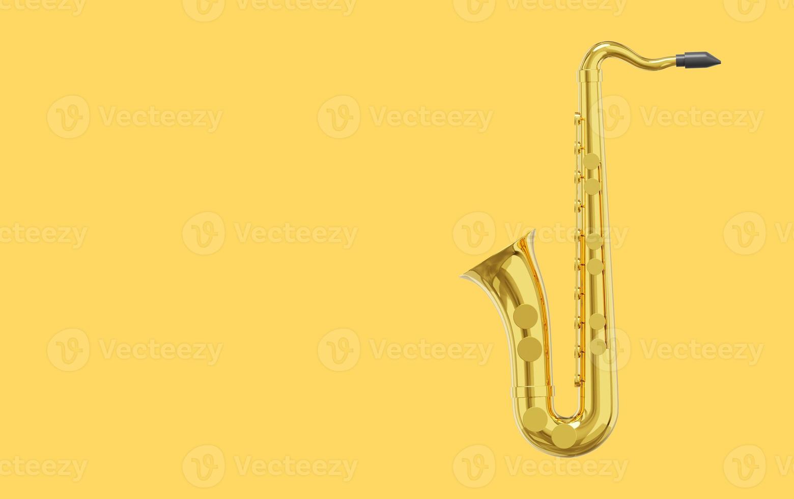 saxofon guld metall, musikalisk instrument. 3d tolkning. ikon på gul bakgrund, Plats för text. foto
