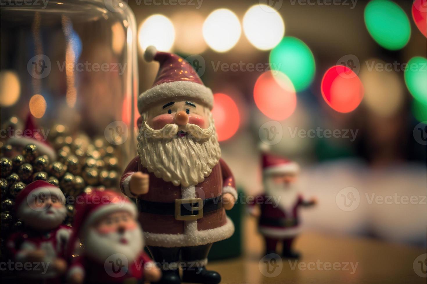 santa claus jul dekoration sitter på en bordsskiva med ut av fokus fe- lampor i de bakgrund med bokeh. foto