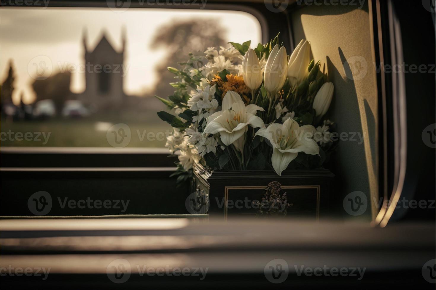 begravning blommor presenteras på en Kista på de händelse av någons godkänd närbild foto