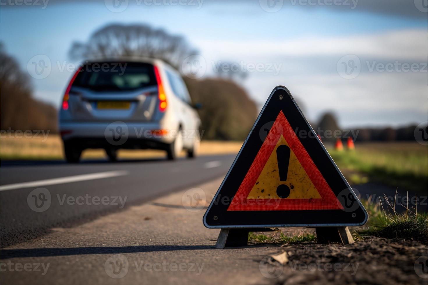 fara varning tecken på de väg som en bil har bruten ner och troligt till orsak fara till de väg eller Mer trafik trängsel problem foto