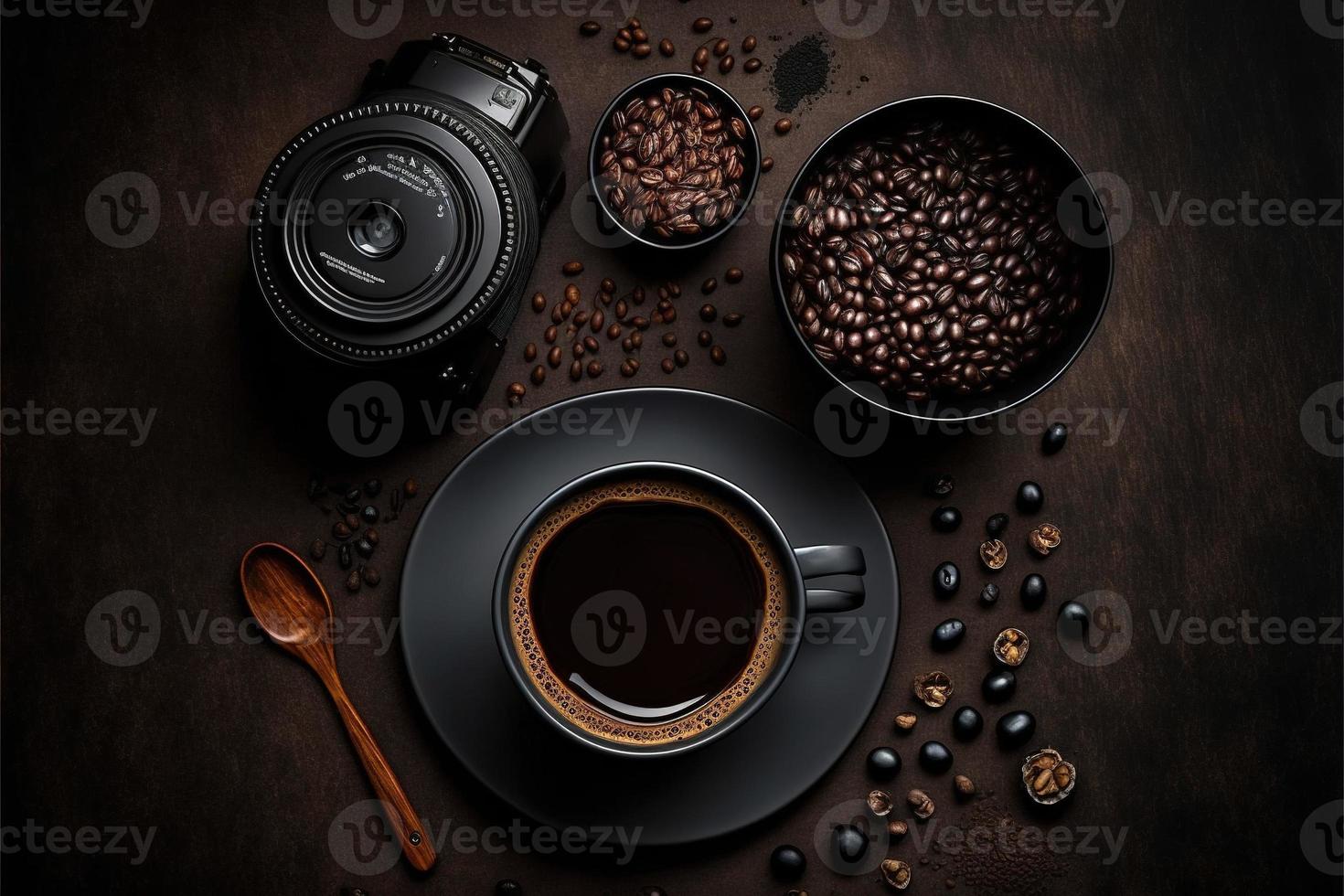 de perfekt kaffe i en svart kaffe råna mot en träkol bakgrund foto