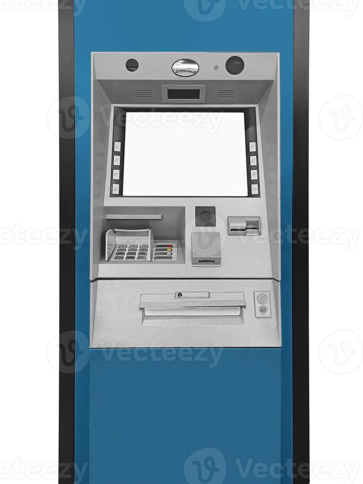 Bankomat maskin med tom skärm isolerat på vit bakgrund foto