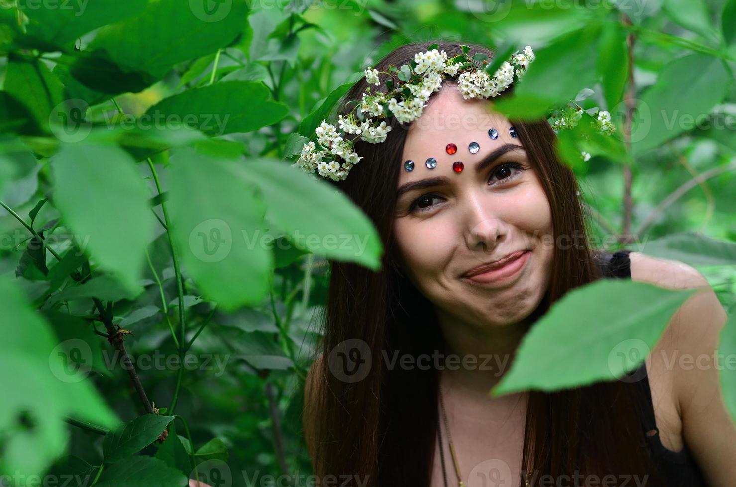 porträtt av ett emotionell ung flicka med en blommig krans på henne huvud och skinande ornament på henne panna. söt brunett Framställ i en spirande skön skog i de dagtid på en bra dag foto