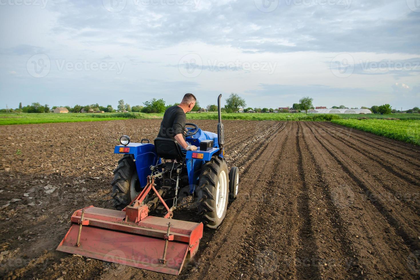 en jordbrukare odlar en fält med en traktor efter skörda. fräsning jord, förkrossande innan skärande rader. jordbruk, lantbruk. lossna yta, landa odling. plöjning fält. avlägsnande rötter foto