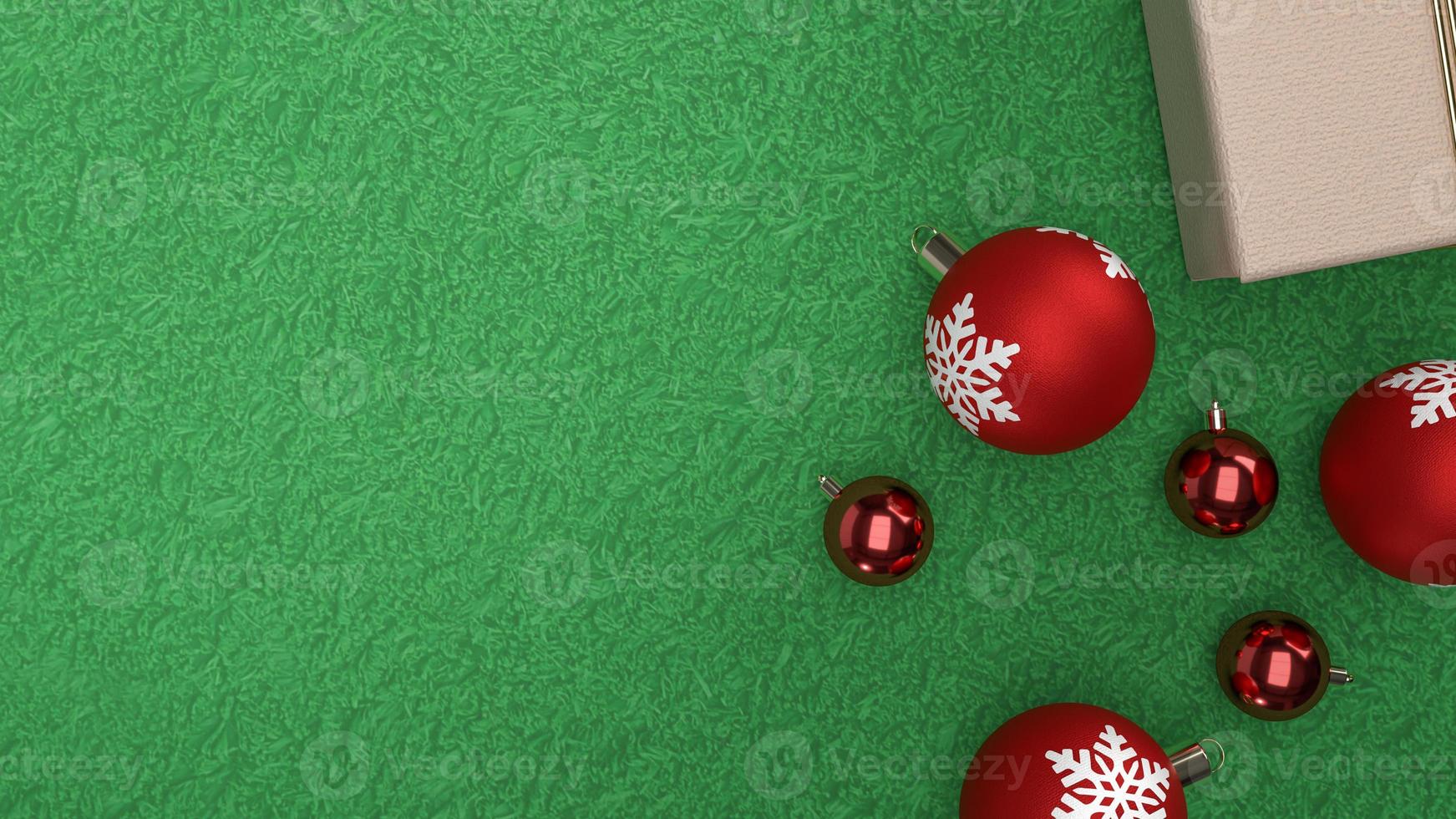 de röd jul bollar och gåva låda på grön bakgrund 3d tolkning foto