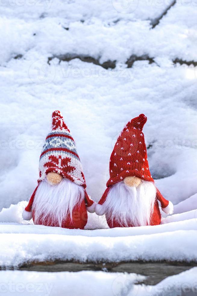 jul Semester kort söt scandinavian nisser med röd hatt och vit skägg på snöig vinter- bänk saga snöfall vintertid Hej december, januari, februari begrepp Lycklig ny år, jul foto