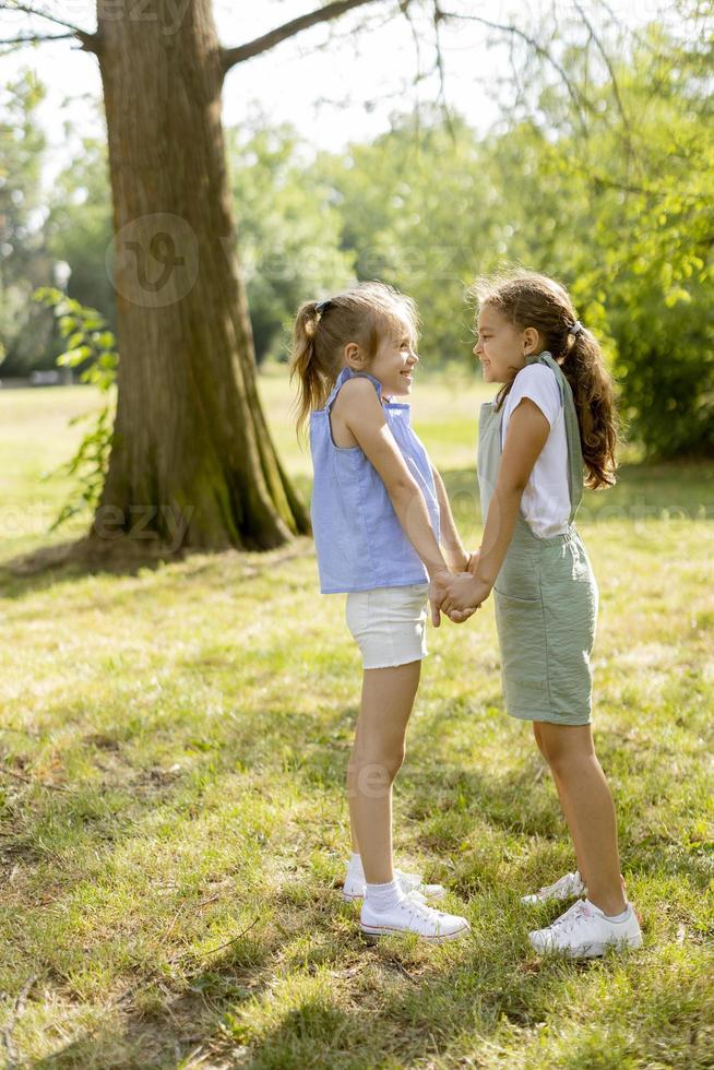 två små flickor som håller hand i parken foto