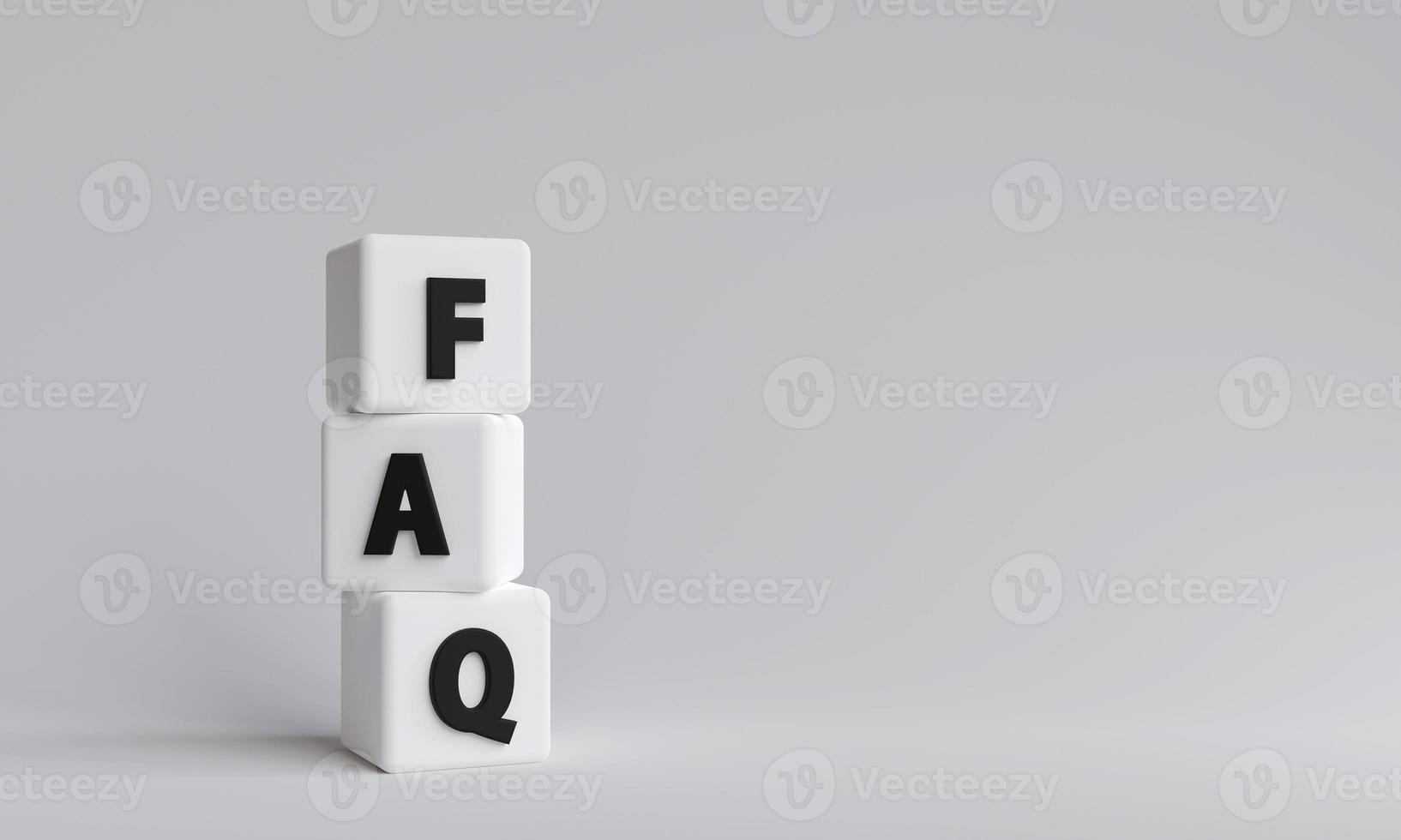 tre vit kuber med faq på grå bakgrund med kopiera. faq koncept, q och en, fråga frekvens, förfrågningar, svarar, frågor, företag kund service, och Stöd. 3d framställa illustration foto