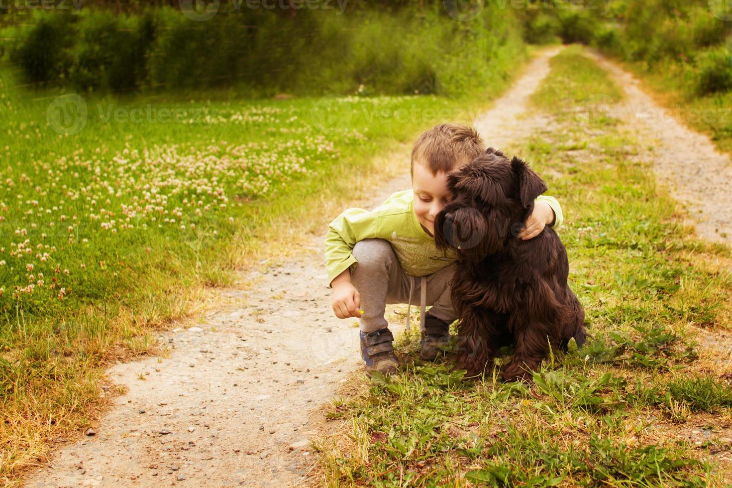 pojke med en hund gående i de parkera. barn spelar med de hund foto