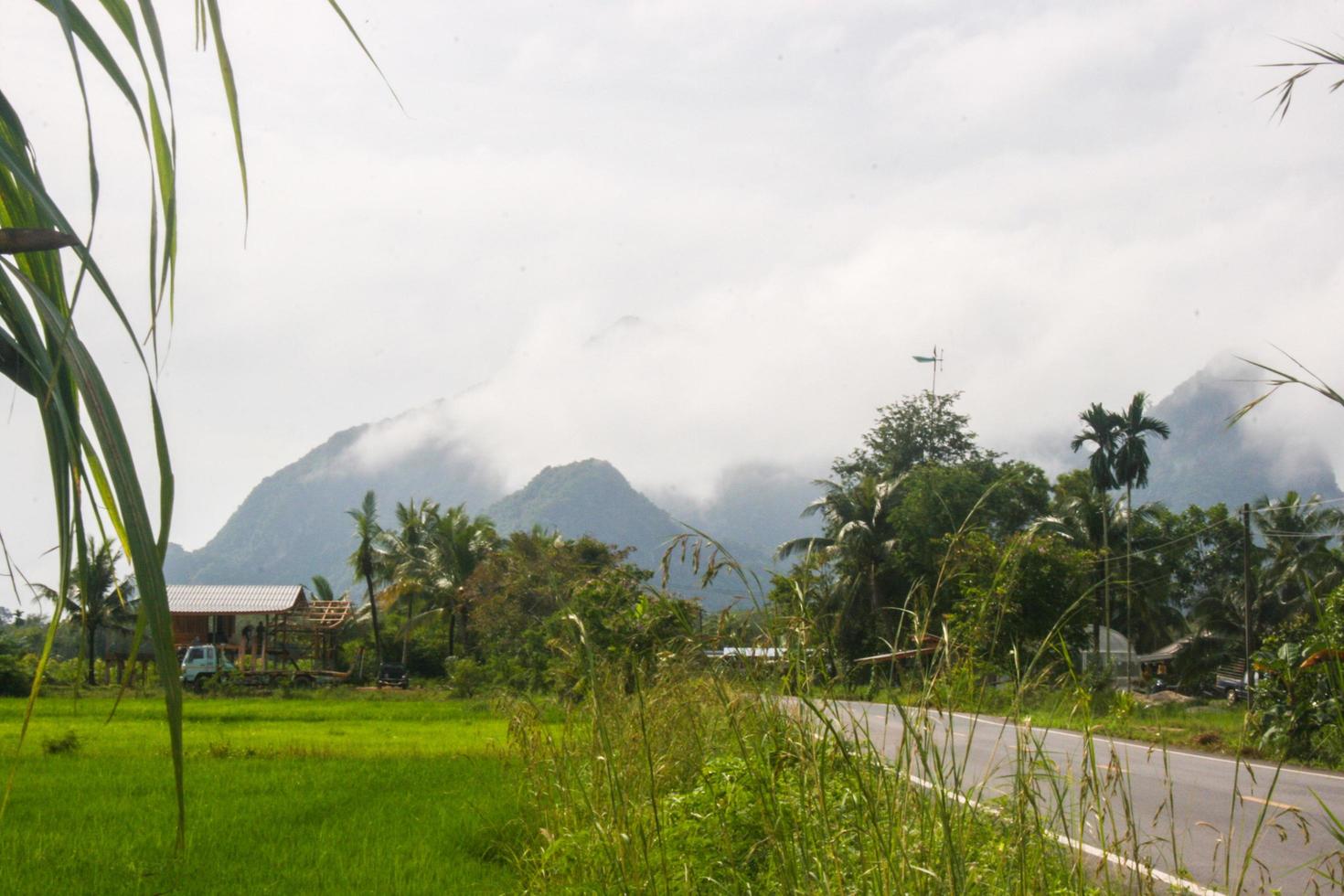 morgon- dimma på berg och vägar i lantlig thailand foto