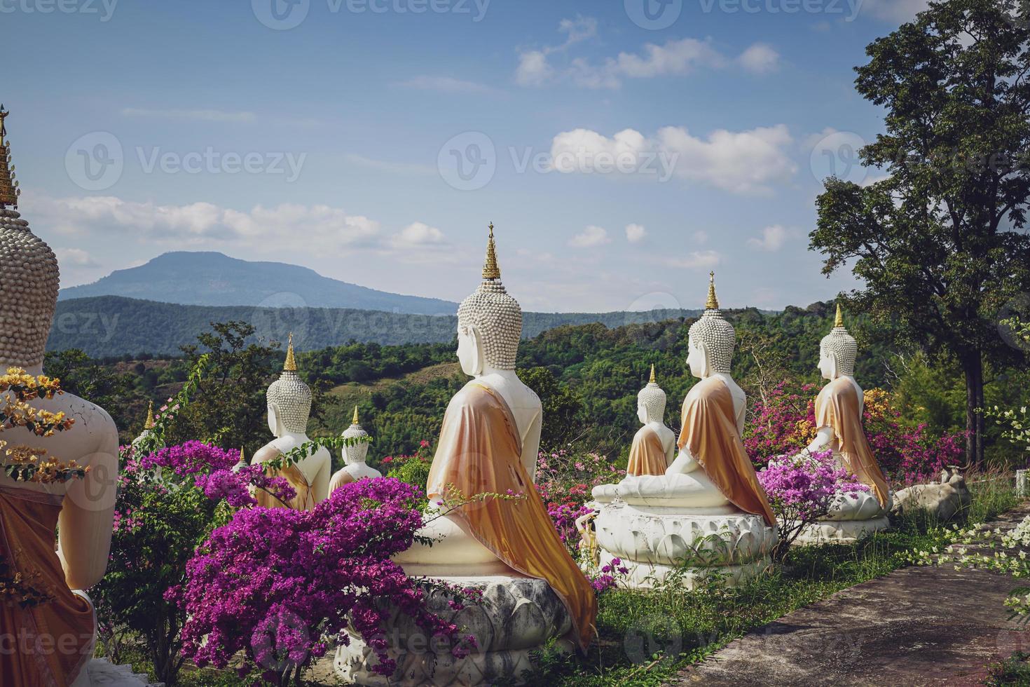 skön vit stuck buddha staty inskriven på de sluttning den är en plats av meditation kallad wat sutesuan, nam nao distrikt, thailand. foto