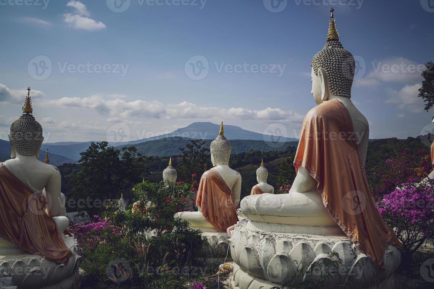 skön vit stuck buddha staty inskriven på de sluttning den är en plats av meditation kallad wat sutesuan, nam nao distrikt, thailand. foto