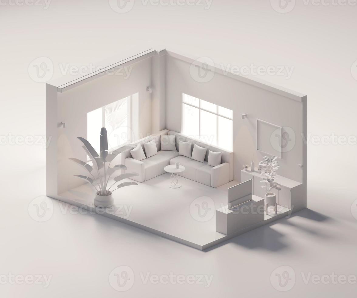 isometrisk se vit levande rum öppen inuti interiör arkitektur, 3d tolkning digital konst. foto
