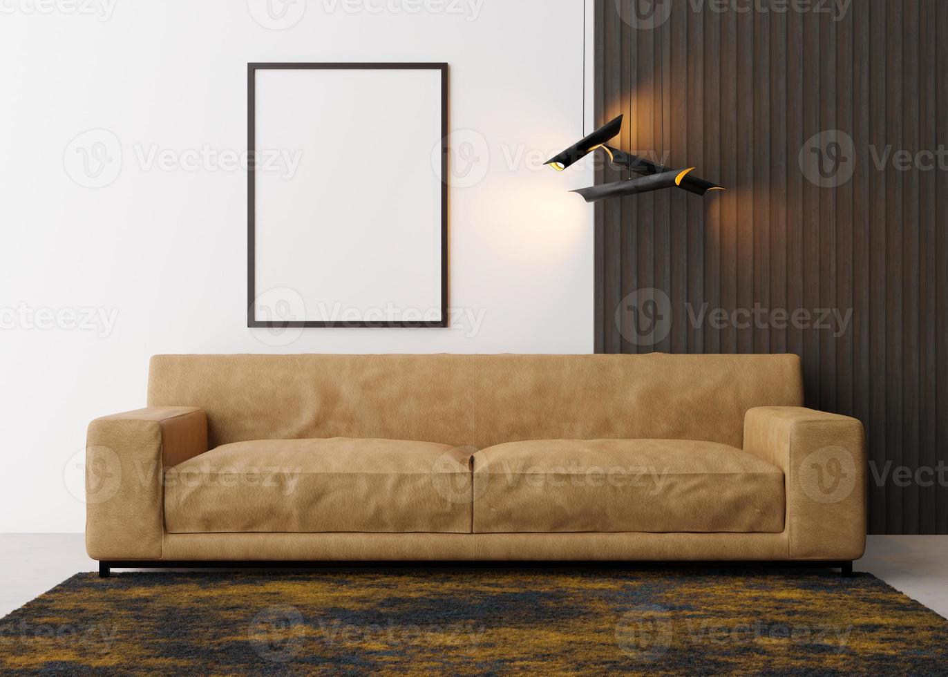tömma vertikal bild ram på vit vägg i modern levande rum. falsk upp interiör i samtida stil. fri Plats för bild, affisch. brun läder soffa, matta, lampor. 3d tolkning. foto