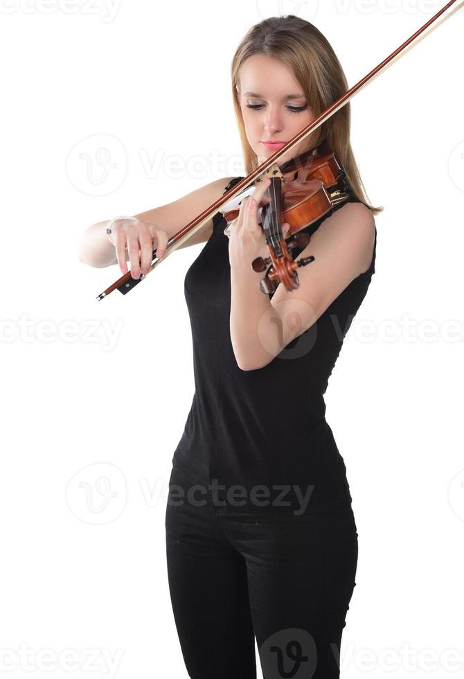 skön naturlig blond flicka spelar fiol. isolerat på vit foto