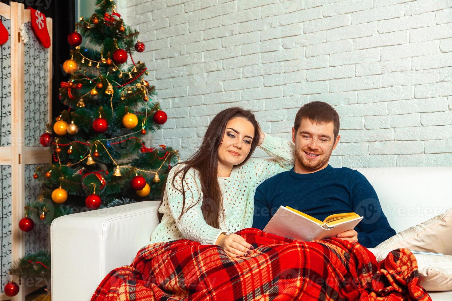 Lycklig ung familj läser en jul fe- svans på soffa. ny år eve foto