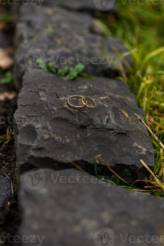 bröllop ringar i hand. två bröllop ringar på de golv med kontrast bröllop ringar på golv, på jord, på piano, i hand på gräs eller en stenar, foto