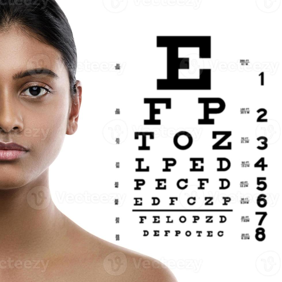 indisk kvinna och öga Diagram för syn testa foto