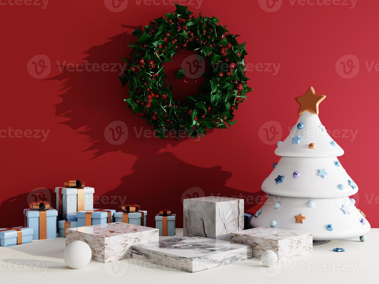 jul försäljning bakgrund med jul träd och skede podium på röd och vit bakgrund för produkt visa 3d tolkning foto