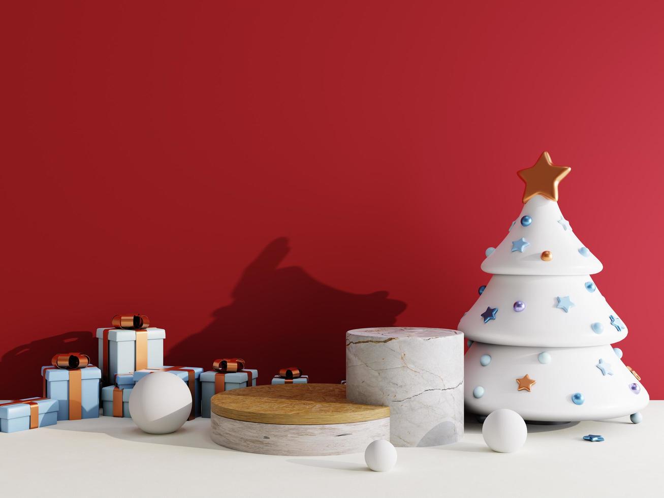 jul försäljning bakgrund med jul träd och skede podium för produkt visa 3d tolkning foto