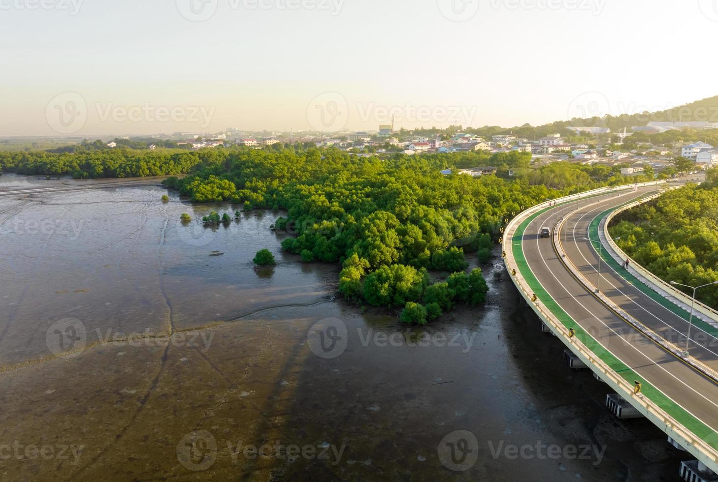 antenn se av kurva väg med grön mangrove skog och havet stad. mangrove ekosystem. mangrove fånga co2 från de atmosfär. blå kol ekosystem. mangrove absorbera kol dioxid utsläpp. foto