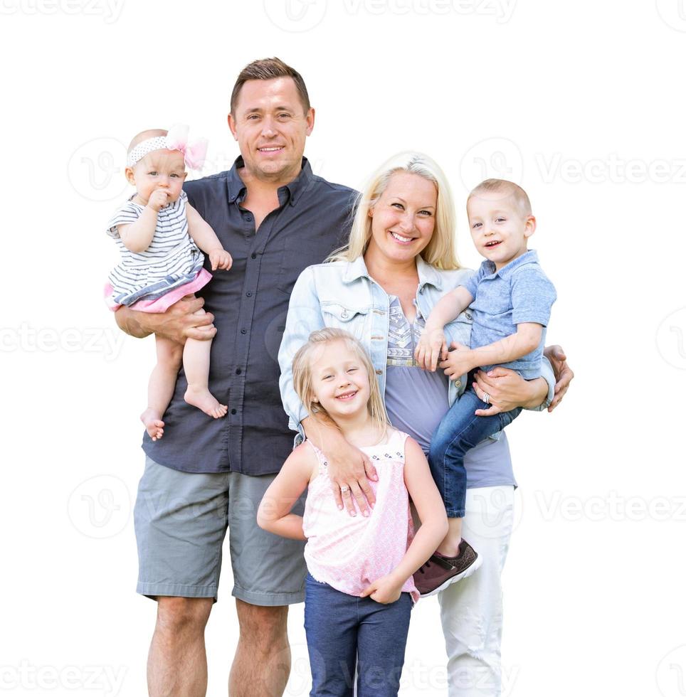Lycklig ung caucasian familj isolerat på en vit bakgrund foto