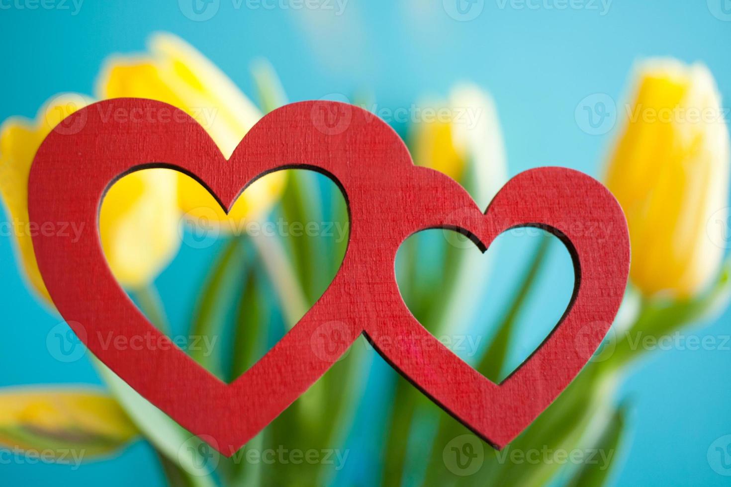två röd hjärtan på suddig blommig bakgrund av gul tulpaner med turkos. foto