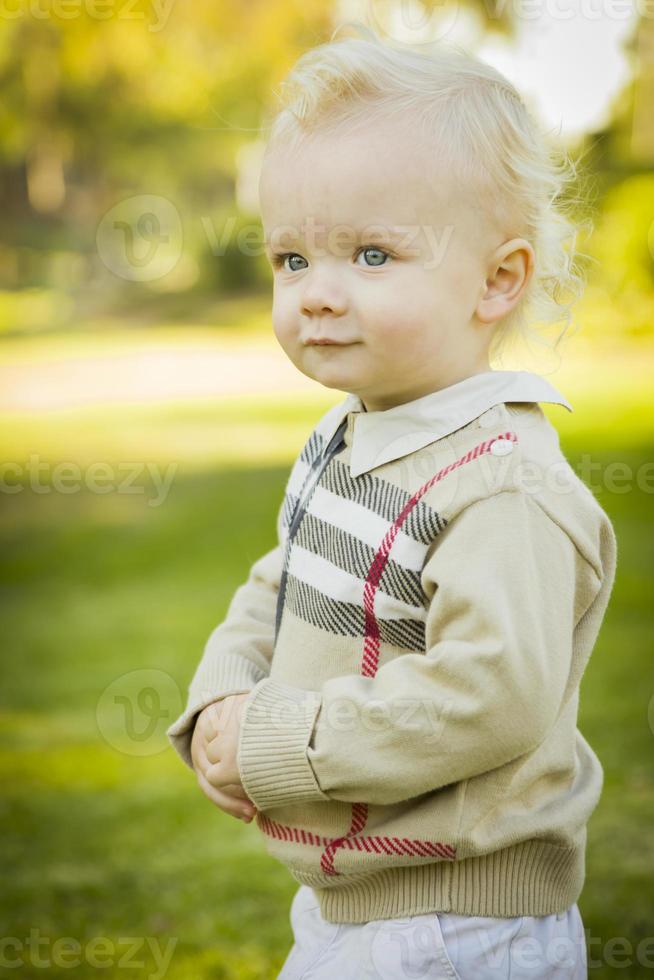 förtjusande blond bebis pojke utomhus på de parkera foto