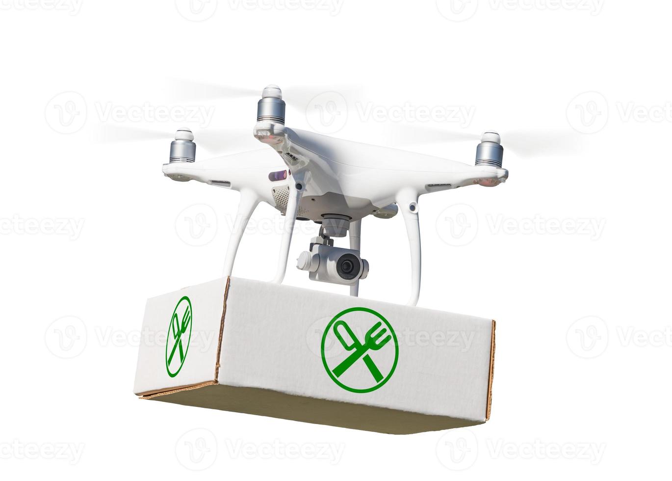 obemannad flygplan systemet uav quadcopter Drönare bärande paket med mat symbol märka på vit. foto