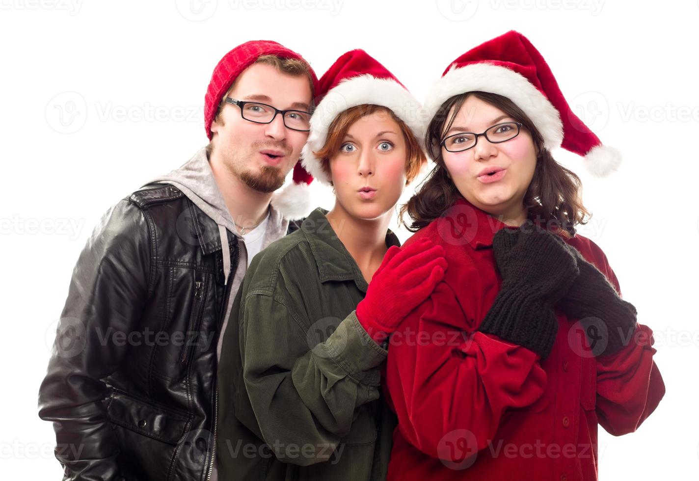 tre vänner bär värma Semester klädsel foto