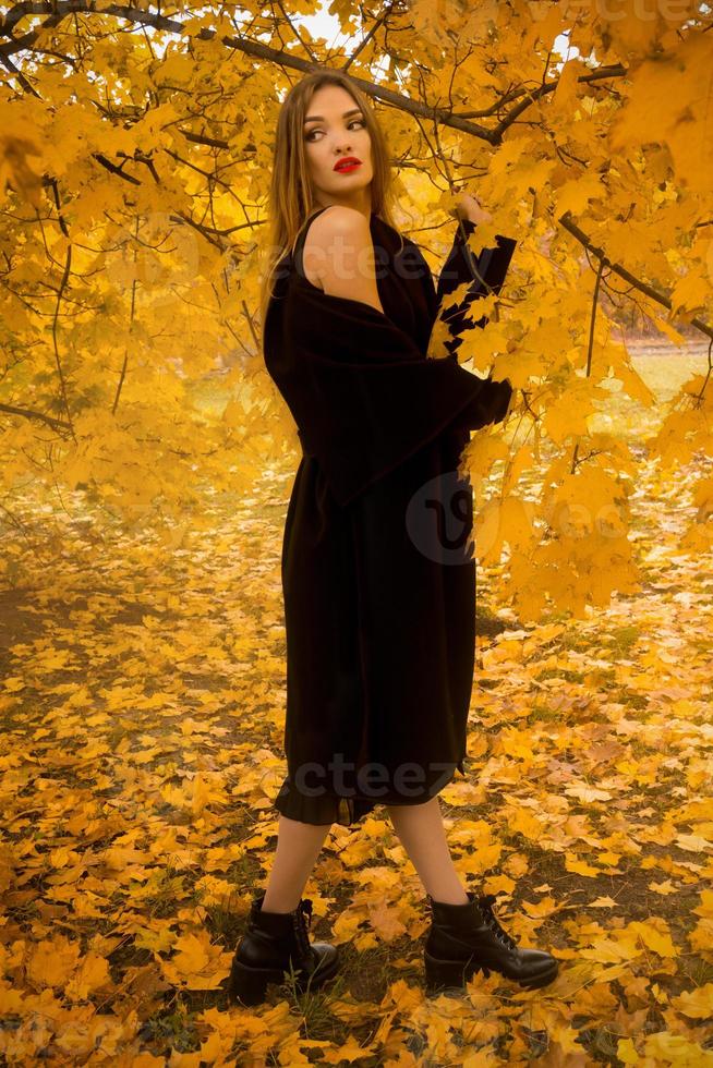 skönhet ung flicka i svart täcka utomhus i gul höst löv foto
