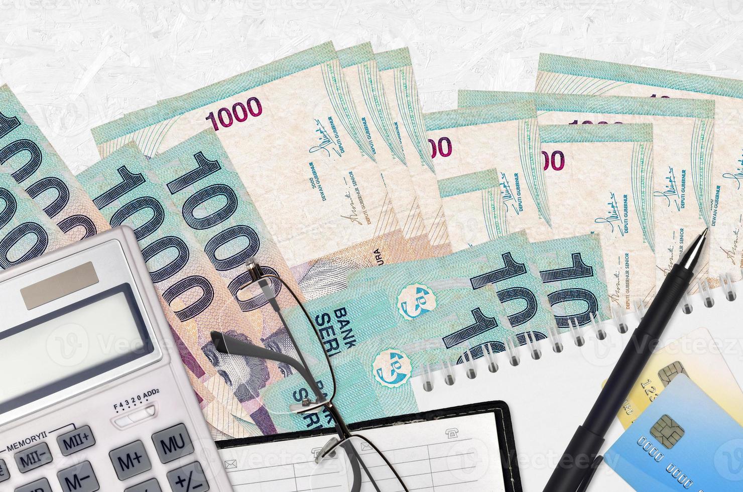 1000 indonesiska rupiah räkningar och kalkylator med glasögon och penna. beskatta betalning begrepp eller investering lösningar. finansiell planera eller revisor pappersarbete foto
