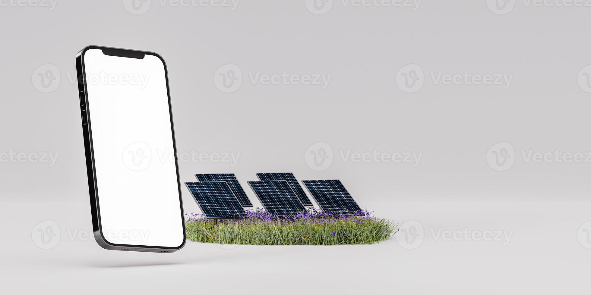 modern smart telefon falsk upp nära sol- paneler foto