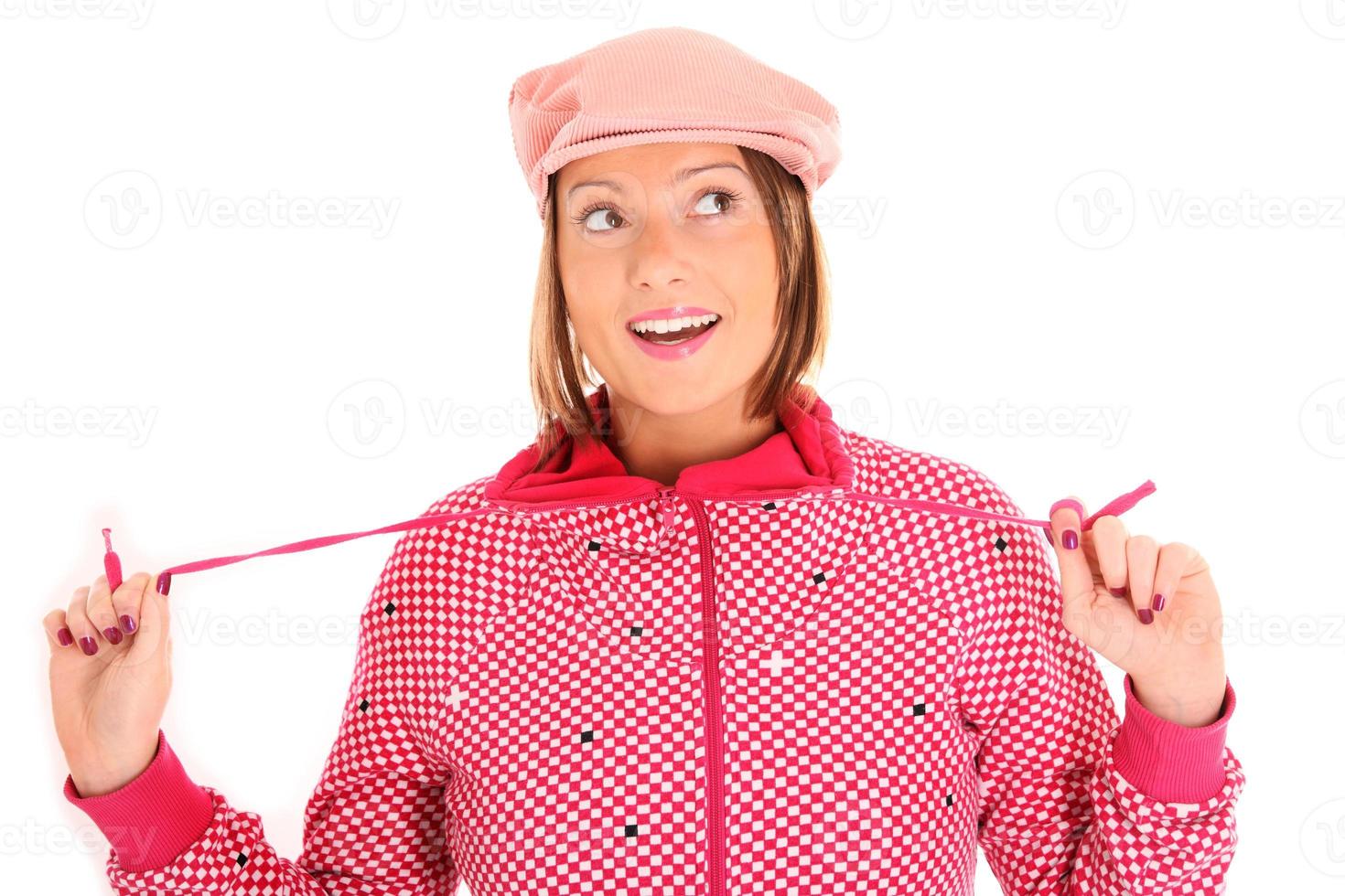 kvinna med rosa hatt foto