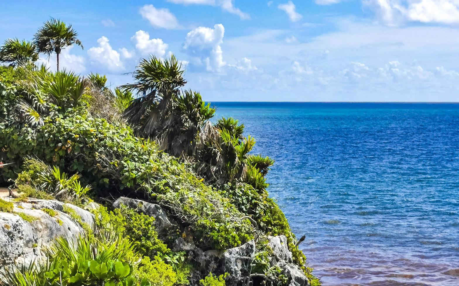 naturligt havslandskap panoramautsikt tulum ruiner mayan site tempel mexico. foto