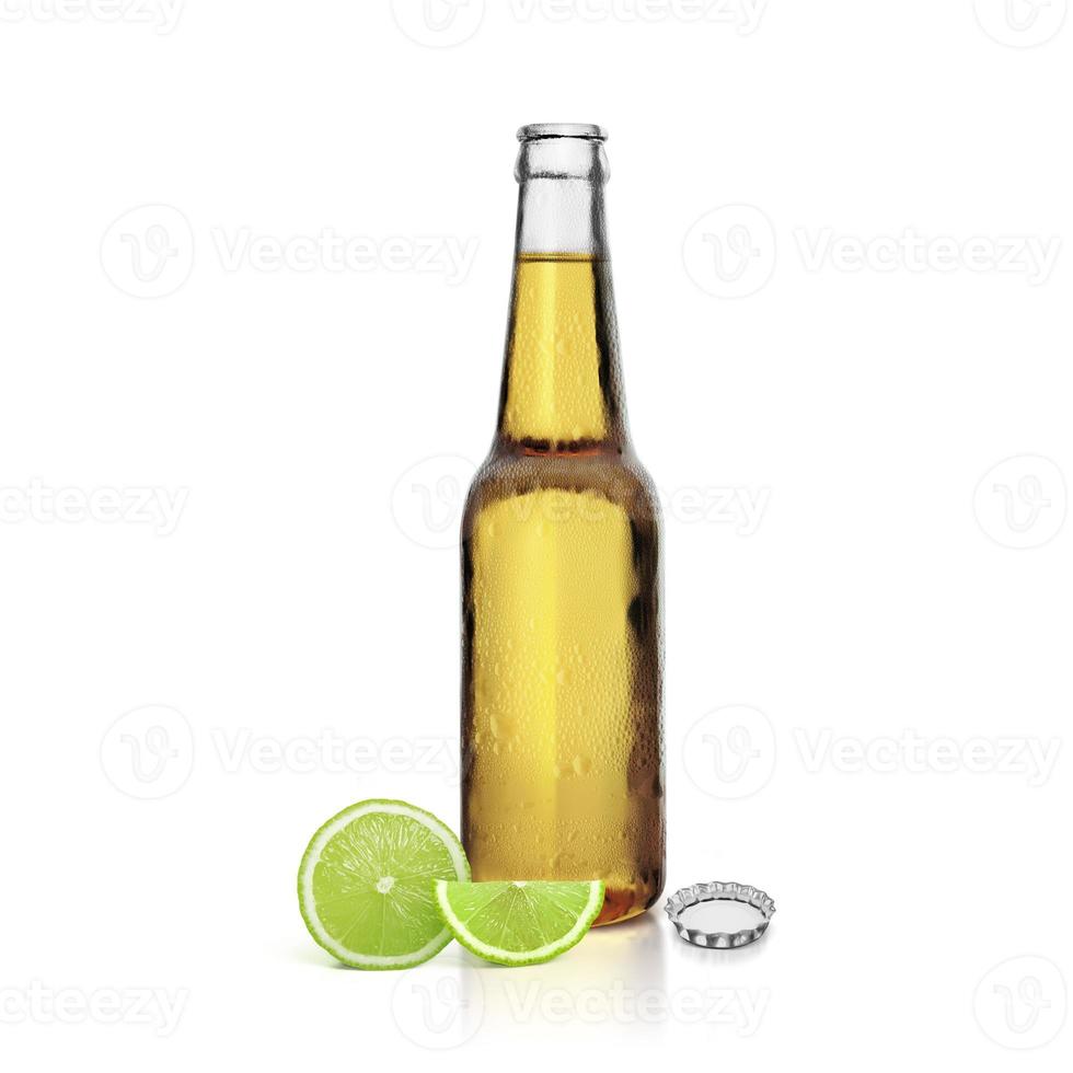 öl flaska med citron- på vit bakgrund foto