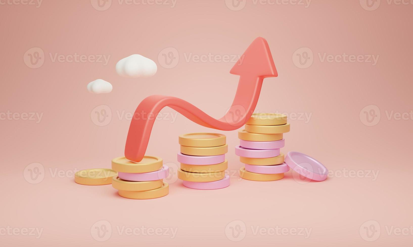 finansiera tillväxt uppåt Framgång pil på topp av mynt, 3d illustration begrepp. foto