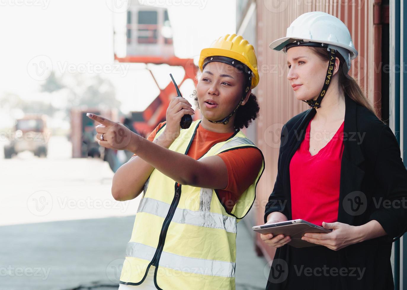 olika människor njut av arbetssätt tillsammans på behållare gård. industriell ingenjör kvinna och kvinna förman ha på sig säkerhet Hardhat är ser framåt- på frakt distribution. mångfald företag människor begrepp foto